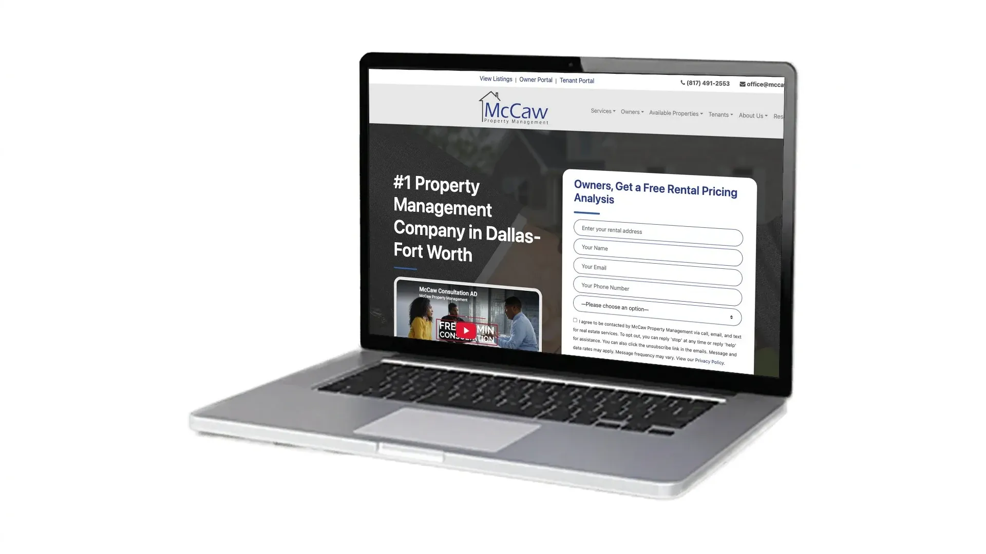 McCaw Property Management website screenshot on laptop