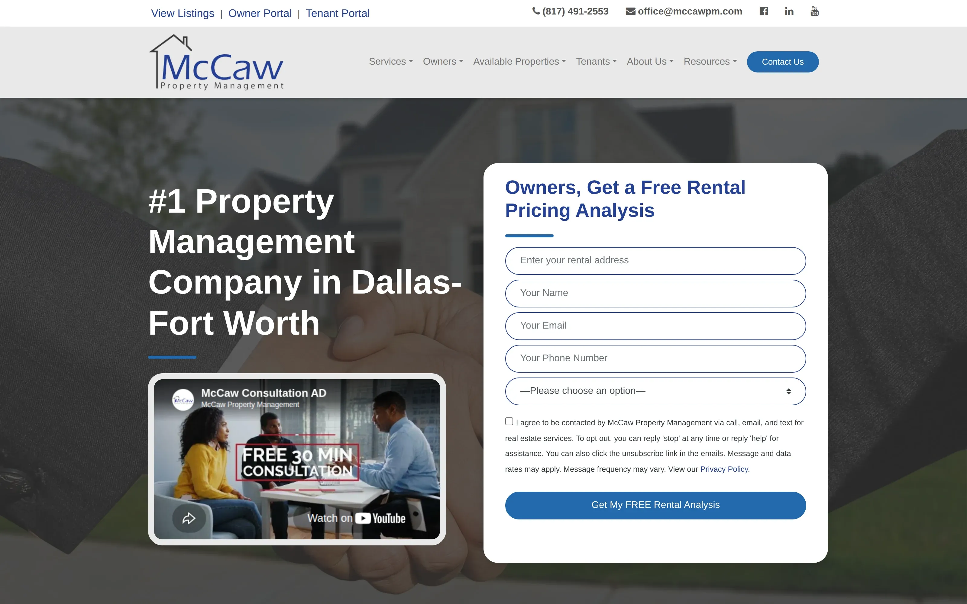 McCaw Property Management website homepage showing Dallas/Fort Worth property management services