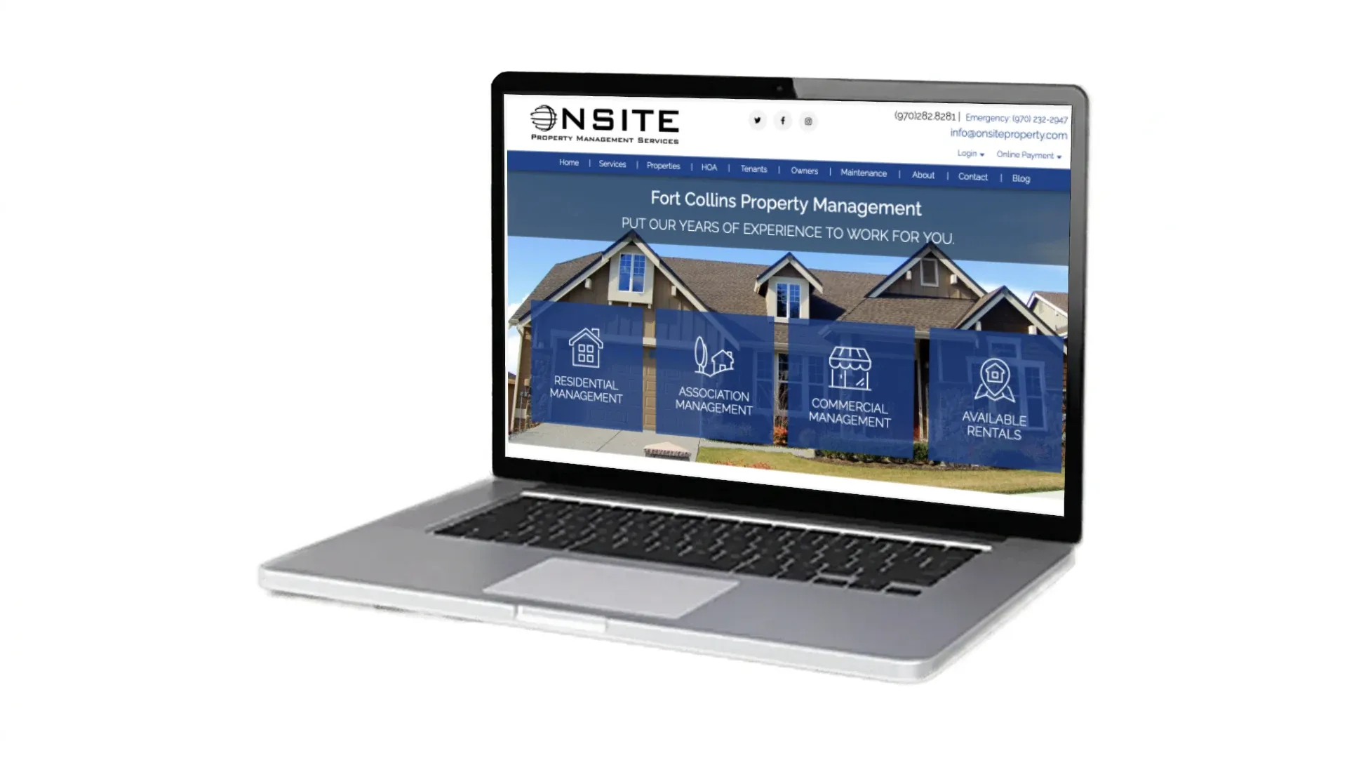 Onsite Property Management Services website screenshot on laptop