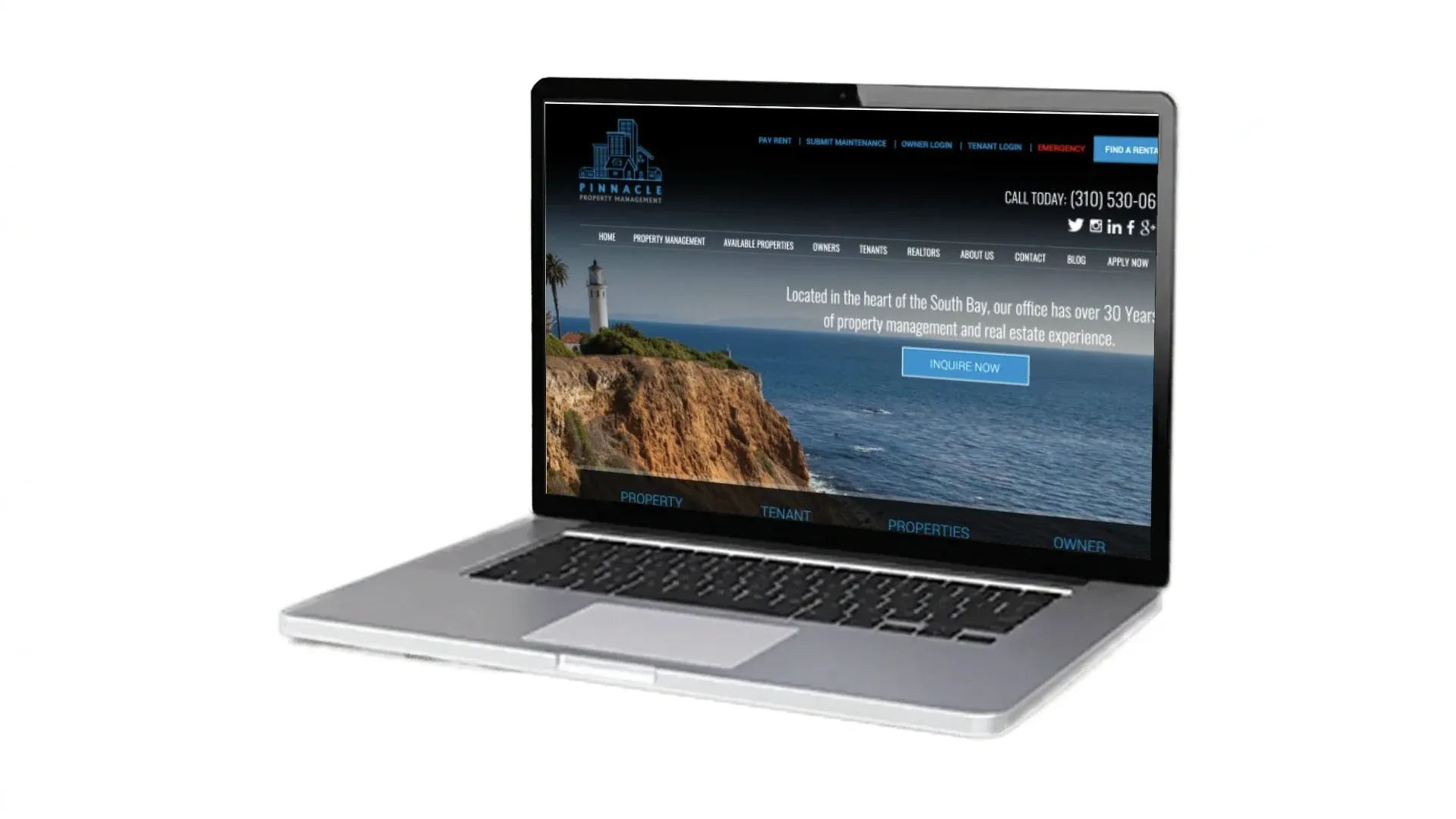 Pinnacle Property Management website screenshot on laptop