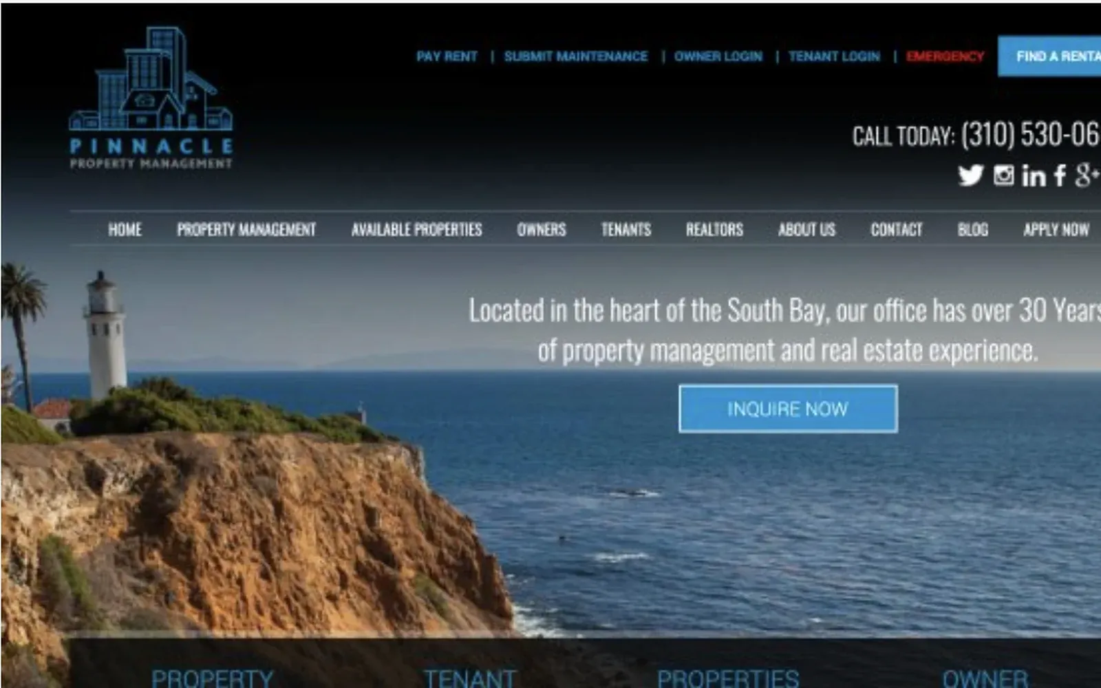 Pinnacle Property Management website homepage showing Dallas/Fort Worth property management services