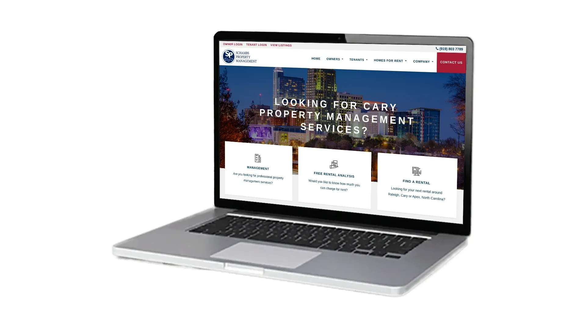 Schambs Property Management website screenshot on laptop