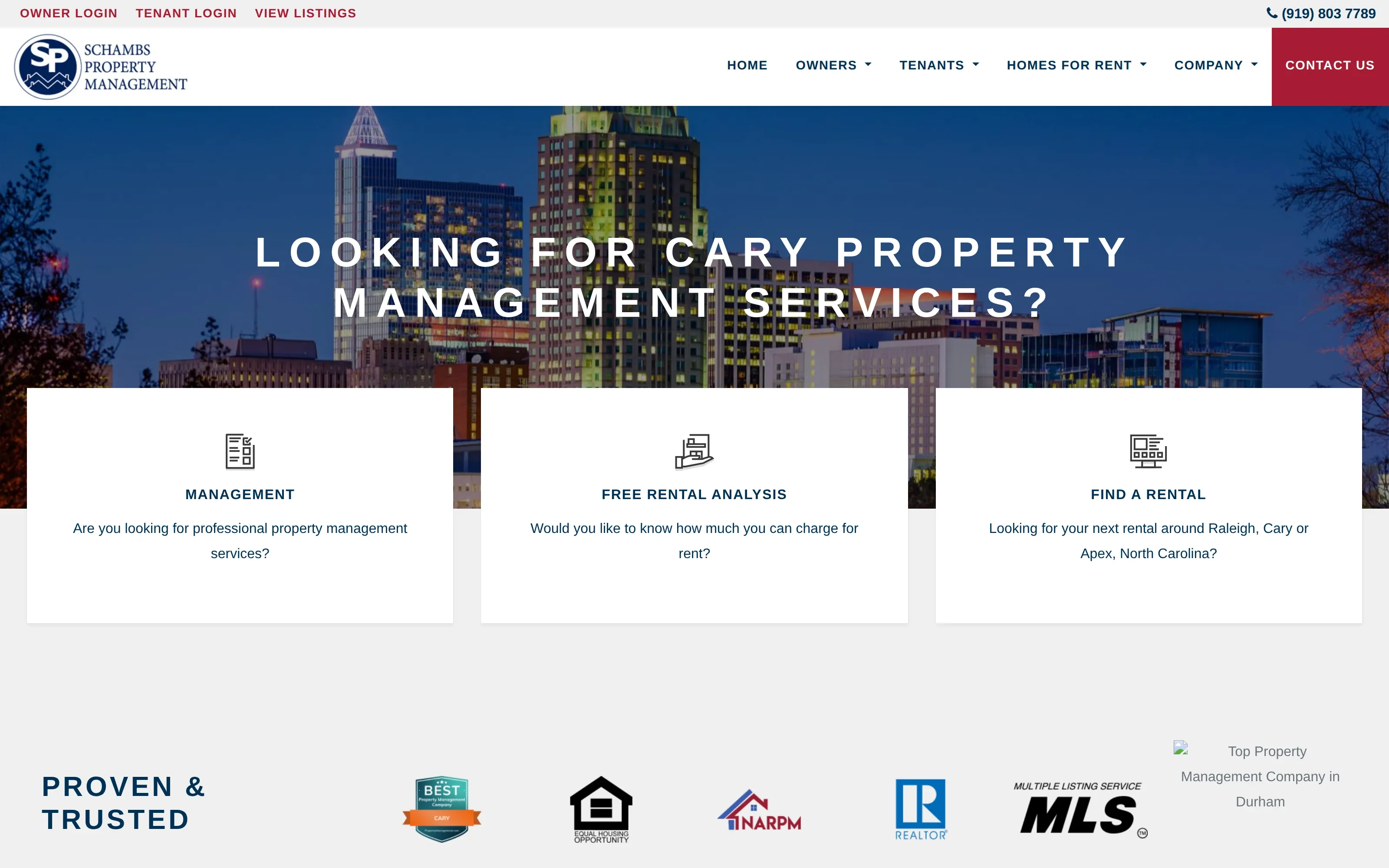Schambs Property Management website homepage showing Dallas/Fort Worth property management services