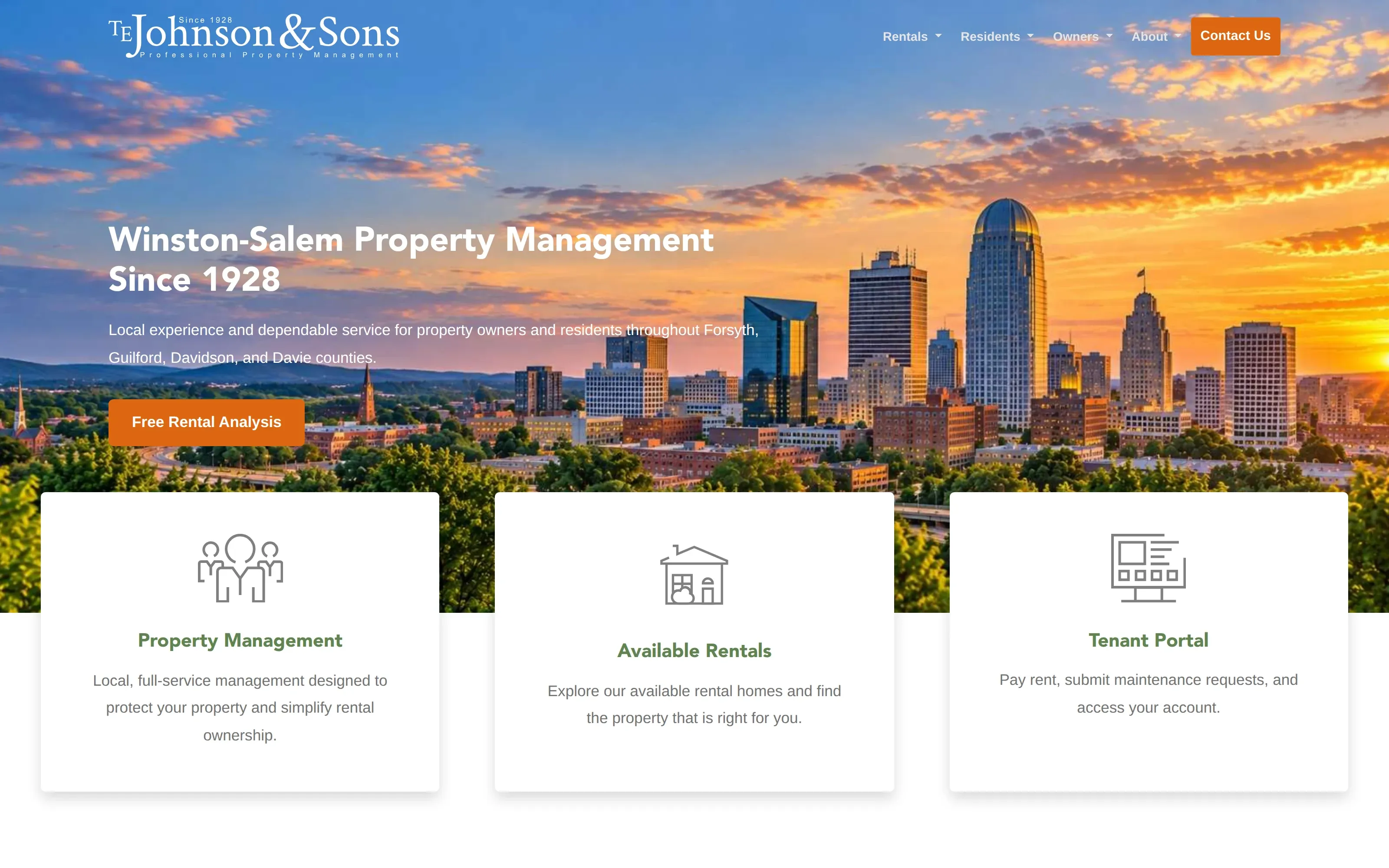 T.E. Johnson & Sons website homepage showing Dallas/Fort Worth property management services